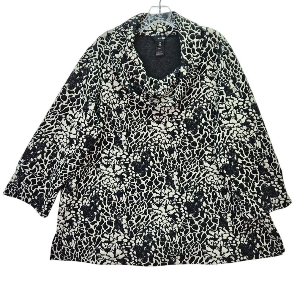 Ali Miles Black Tunic Womens Plus 1X White Abstract Print Cowl Neck Long Sleeve